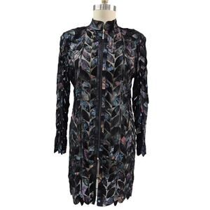 Lisabelle Turkish Leather Coat Tunic Length Sheer Leather Leaves Zipper XL